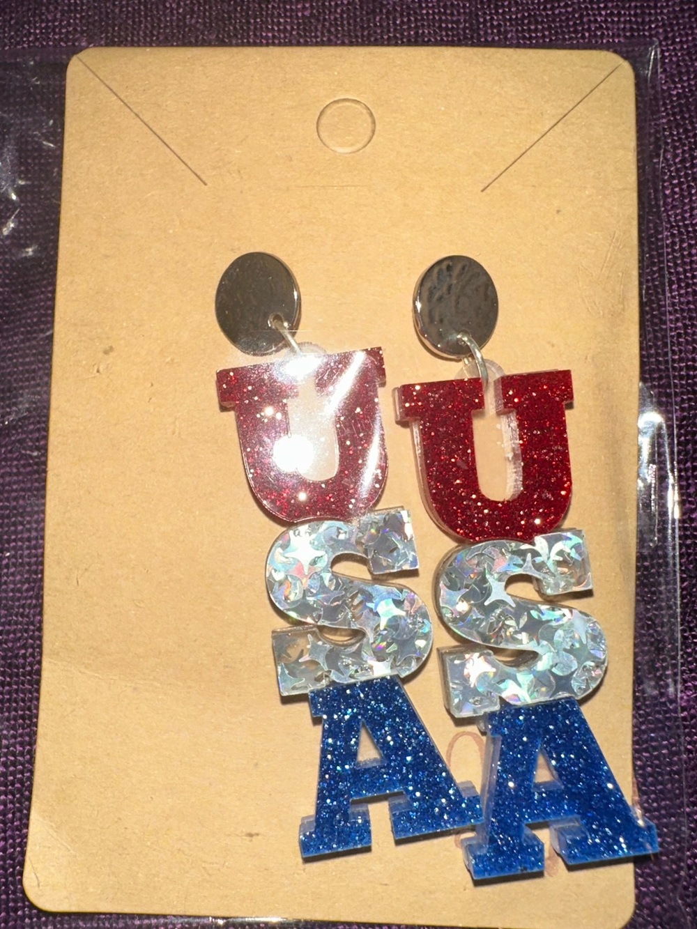 New in Package Glitter USA Letter Dangle Earrings - Red, Silver, Blue